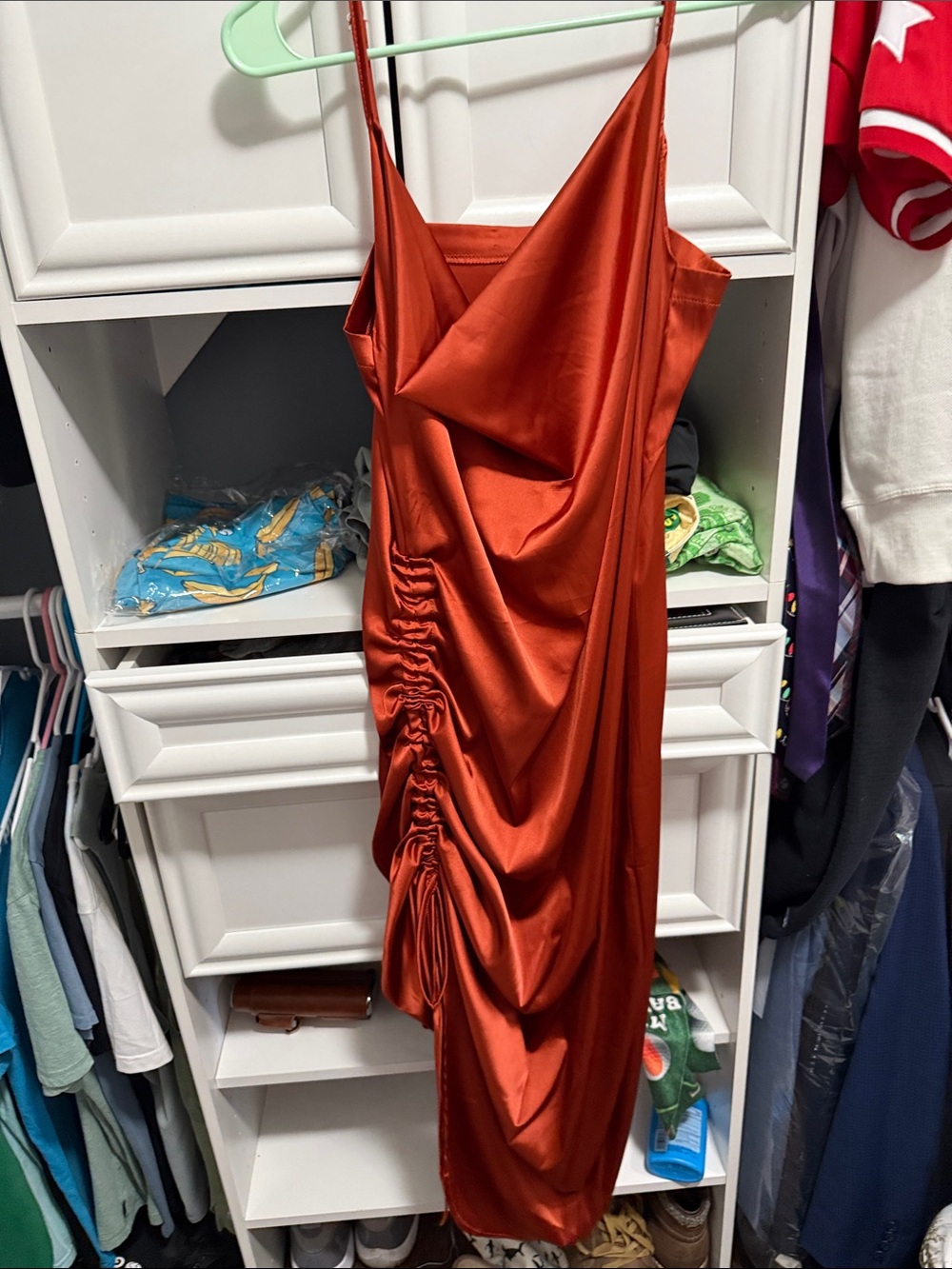 Rust Satin Ruched Slip Dress - Women